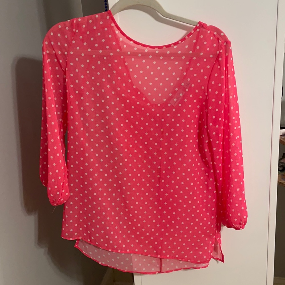 Pink & white polka dot blouse w/bow in back